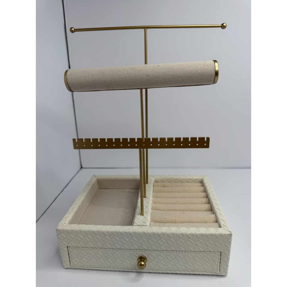 Rachel Zoe Jewelry Organizer Stand Women OS Ivory Gold Woven Drawer Multi-Level